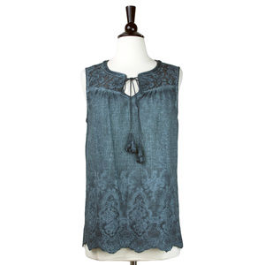 Mystree | Teal Mineral Wash Embroidered Tank